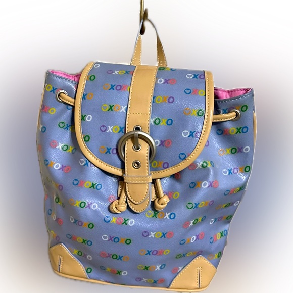 VTG XOXO PERIWINKLE MULTICOLORED LOGO FLAWED DRAWSTRING BACKPACK BAG PURSE 11” - Picture 3 of 13